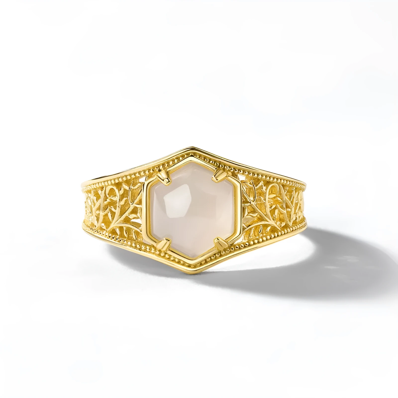 Retro geometric hexagon Hetian jade ring with 10k gold swimming paint finish on silver band, adjustable opening for women