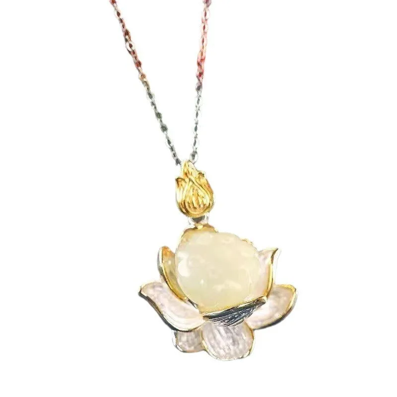 Copper lotus pendant necklace earrings hairpin set with electroplated finish on white background