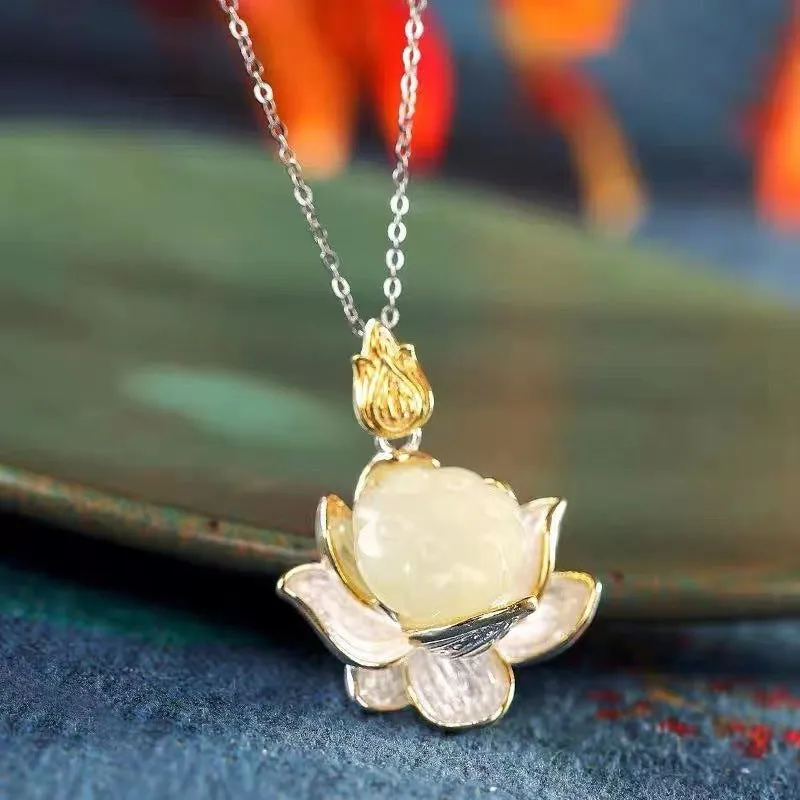 Copper lotus pendant necklace earrings hairpin set with electroplated finish on white background