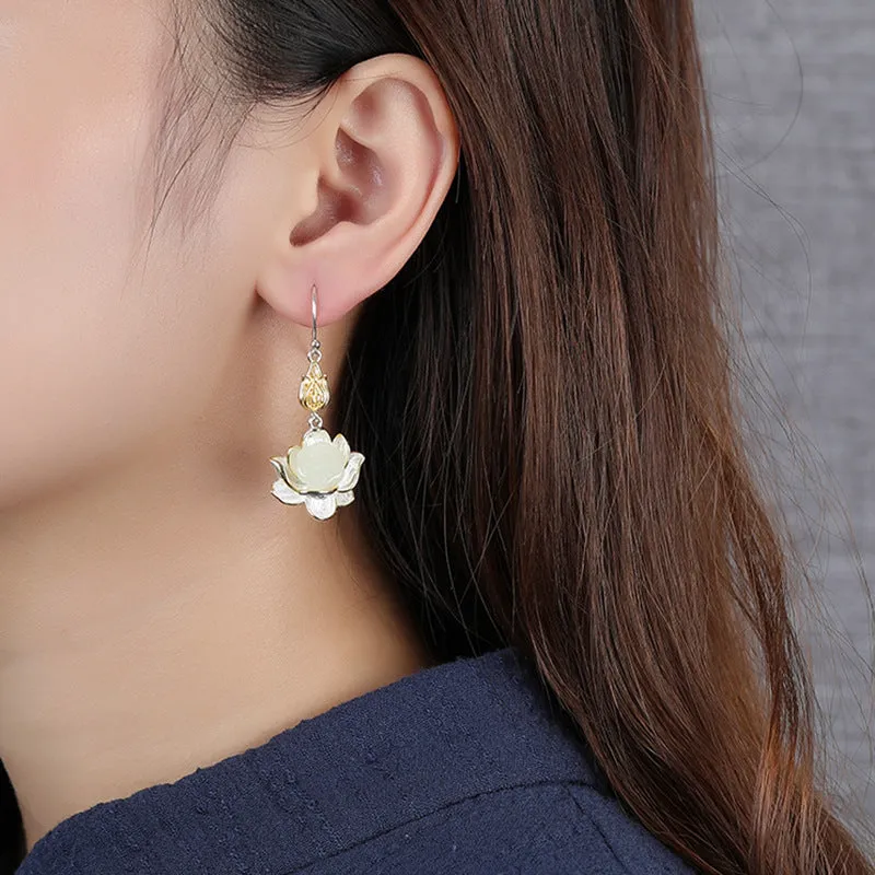 Copper lotus pendant necklace earrings hairpin set with electroplated finish on white background