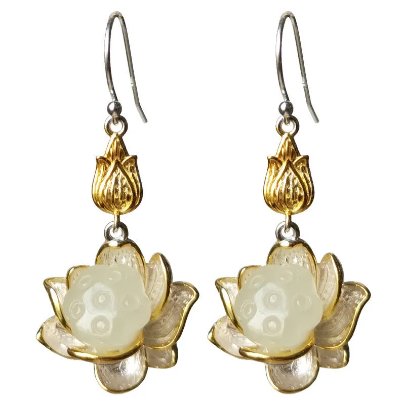 Copper lotus pendant necklace earrings hairpin set with electroplated finish on white background