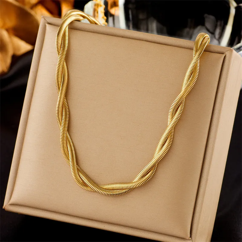 Simple neutral woven twisted gold-plated necklace and bracelet set on titanium steel chain