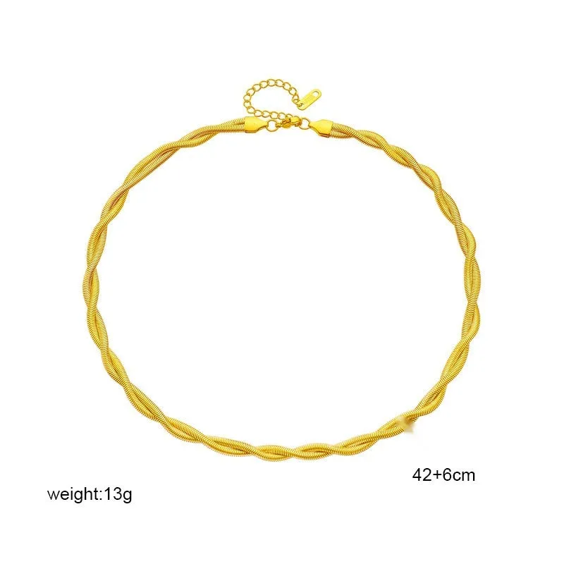 Simple neutral woven twisted gold-plated necklace and bracelet set on titanium steel chain