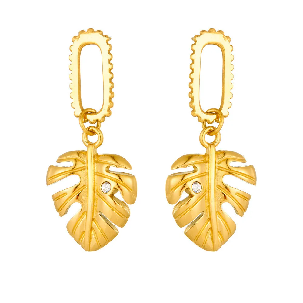 Heart shape titanium steel earrings in gold leaf style on white background