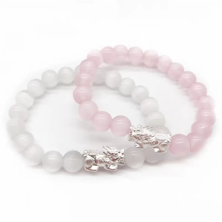 Natural crystal stone powder cat eye bracelet hand-woven silver with pink cat eye stones