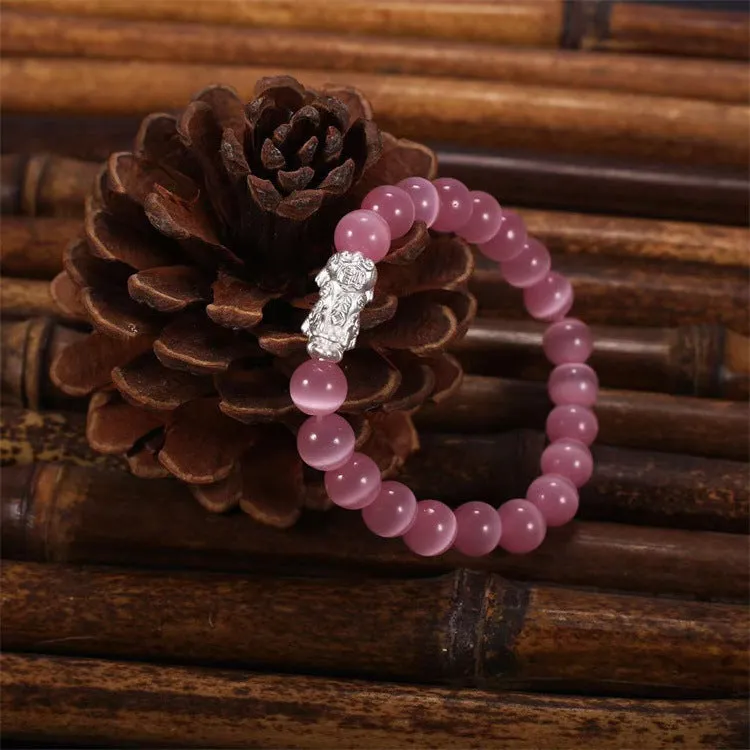 Natural crystal stone powder cat eye bracelet hand-woven silver with pink cat eye stones