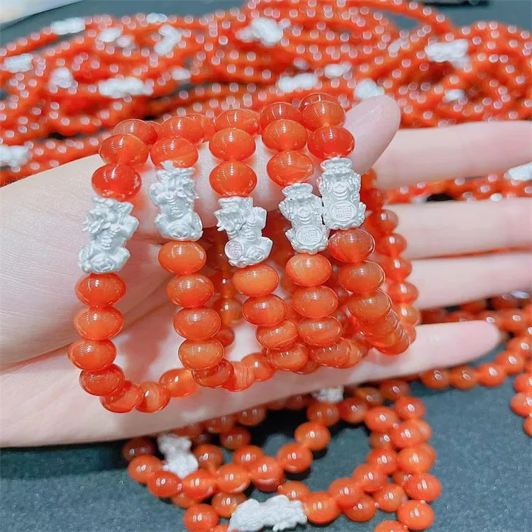 Natural crystal stone powder cat eye bracelet hand-woven silver with pink cat eye stones