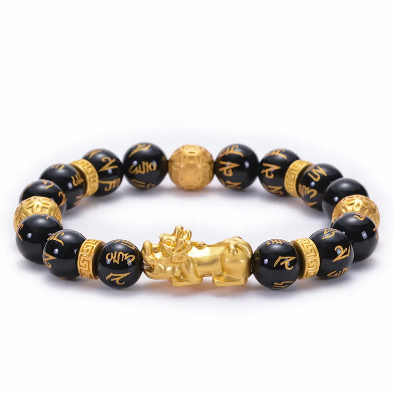 Unisex natural black agate stone bracelet with imitation gold accent, round bead design