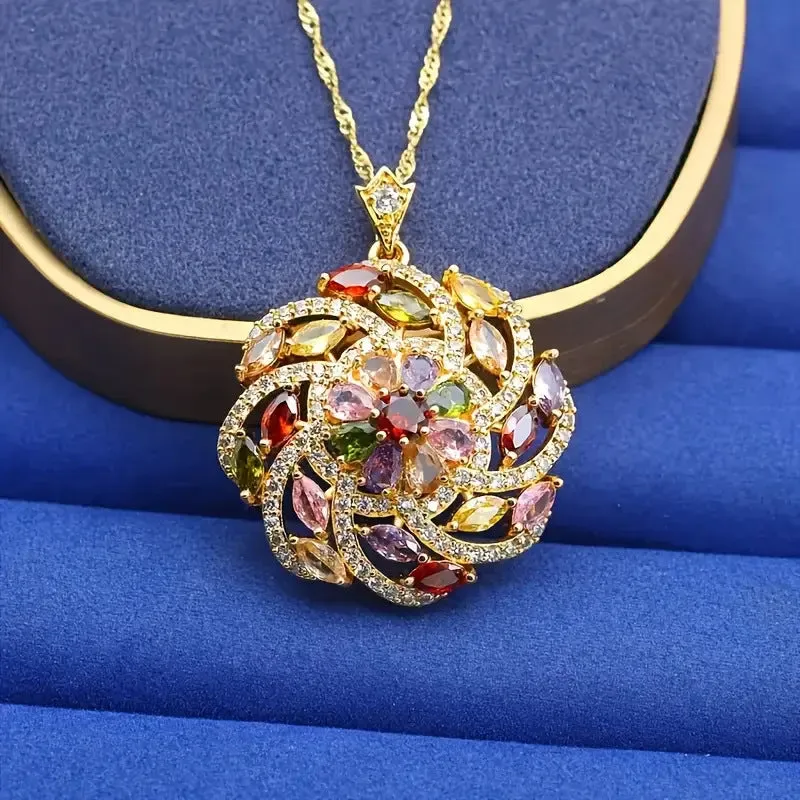 Spiral design colour zircon pendant necklace with real gold plated copper flower shape