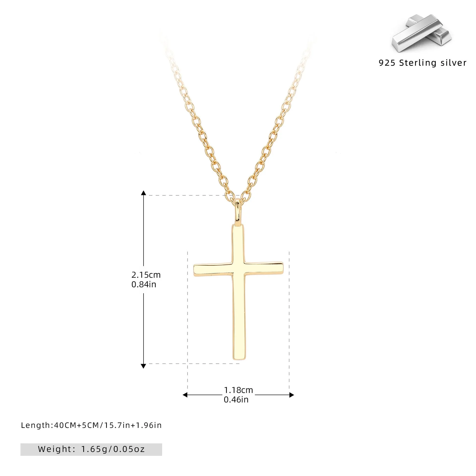 S925 sterling silver necklace with glossy cross pendant on adjustable O-shaped clavicle chain