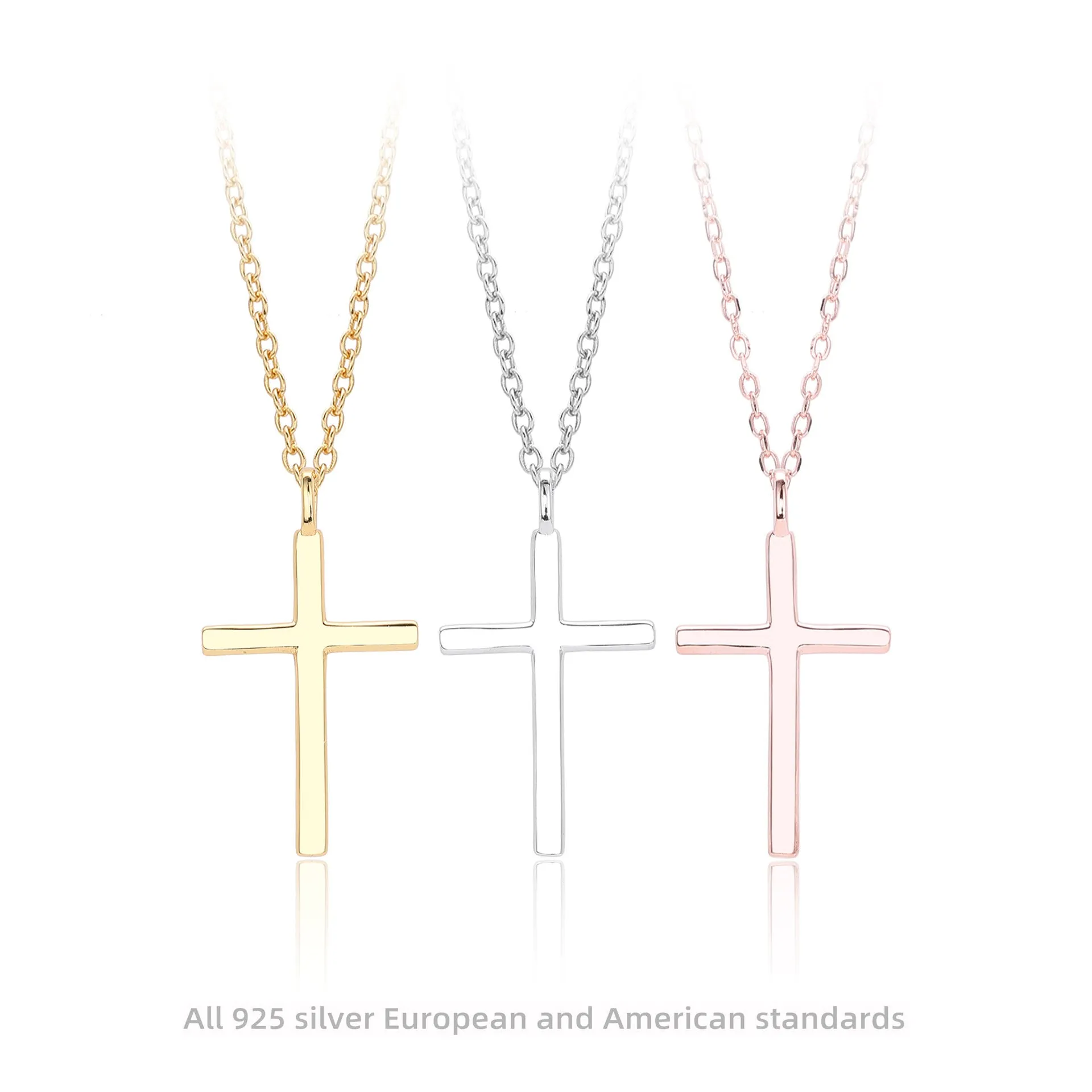 S925 sterling silver necklace with glossy cross pendant on adjustable O-shaped clavicle chain