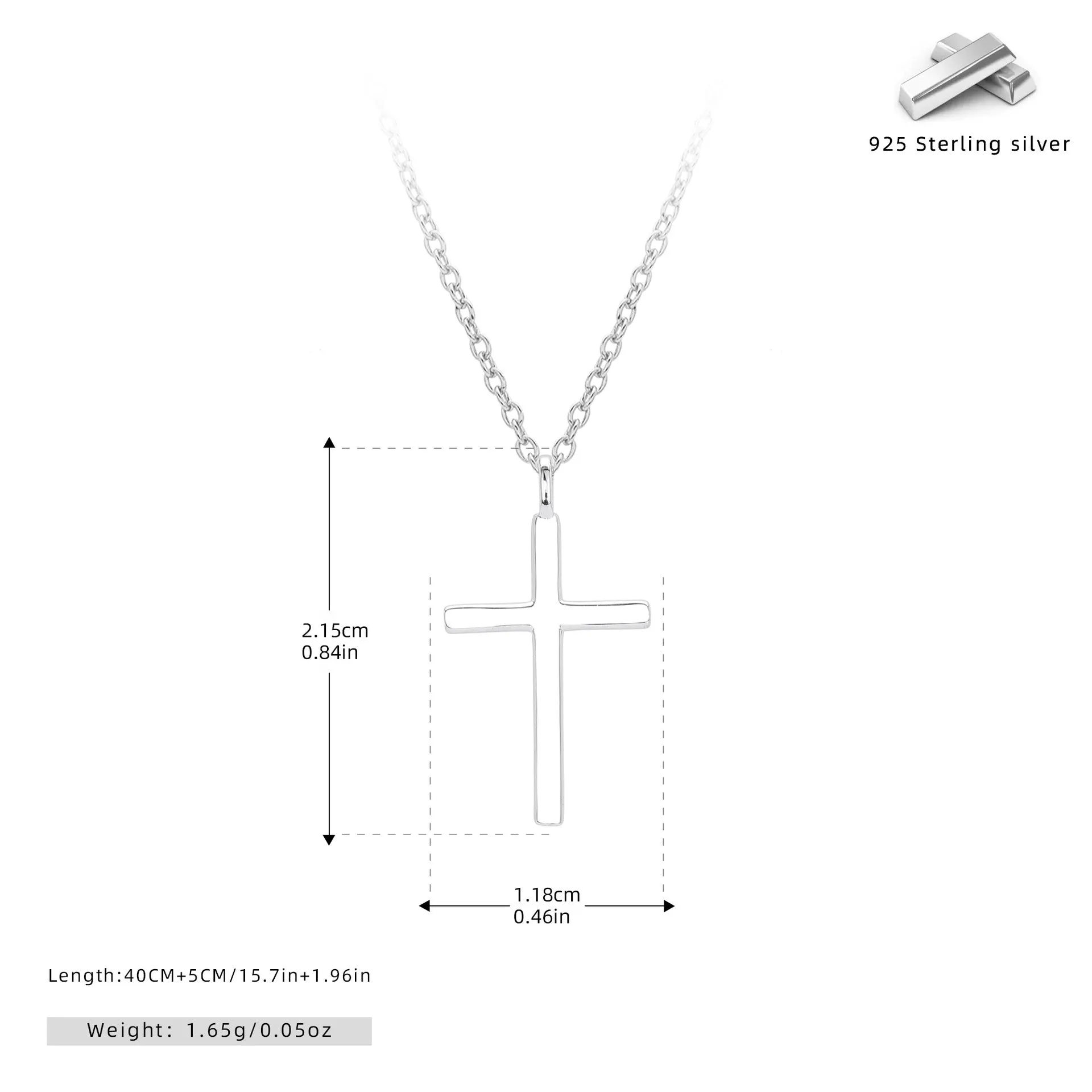 S925 sterling silver necklace with glossy cross pendant on adjustable O-shaped clavicle chain