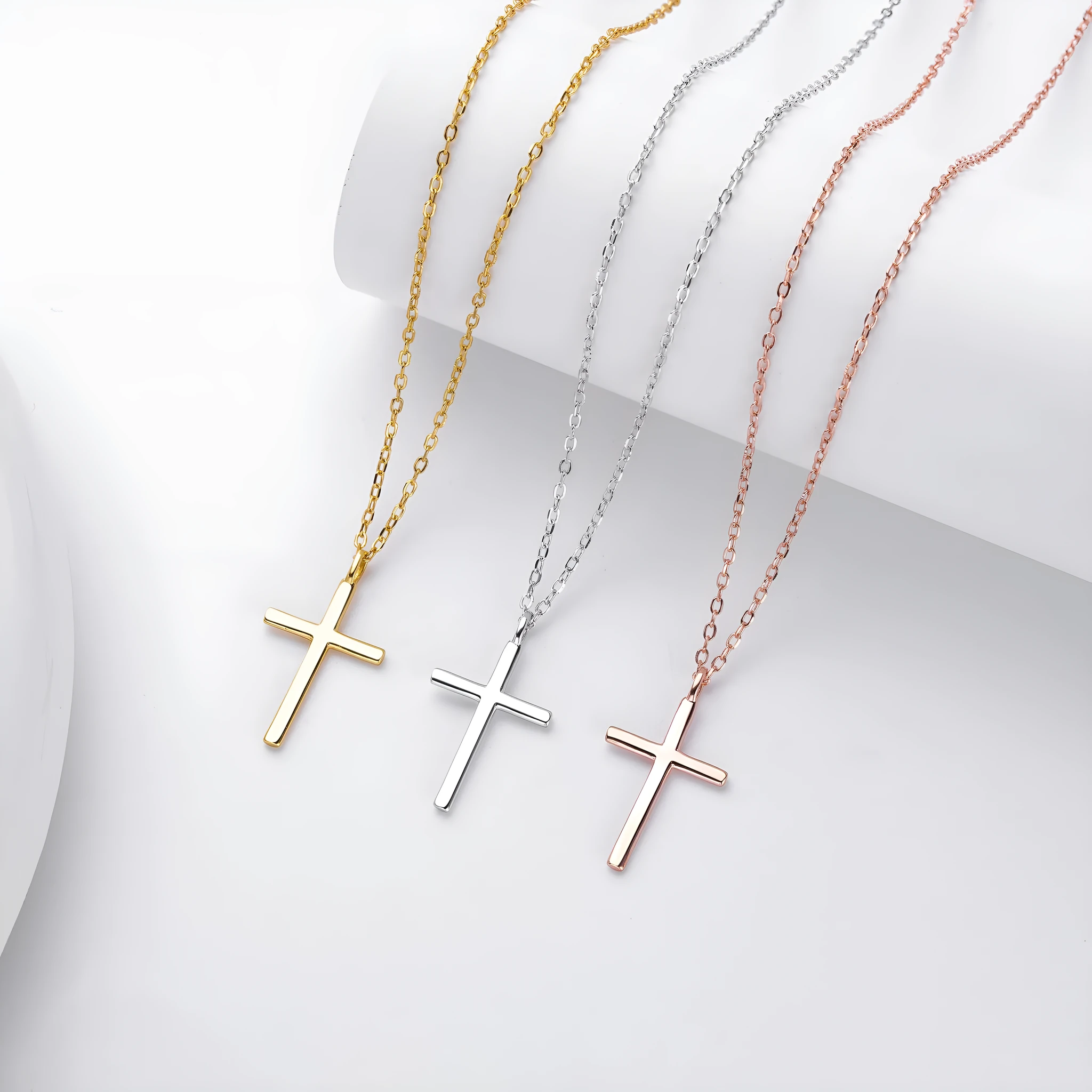 S925 sterling silver necklace with glossy cross pendant on adjustable O-shaped clavicle chain