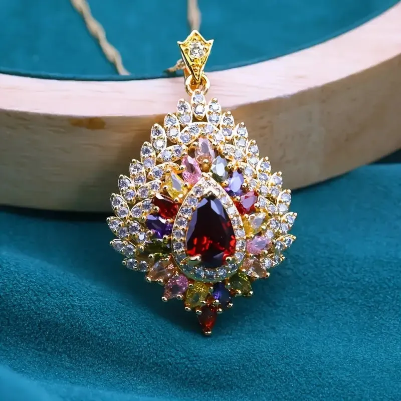 Real gold plated micro inlaid zircon pendant necklace on copper base, colourful affordable luxury style