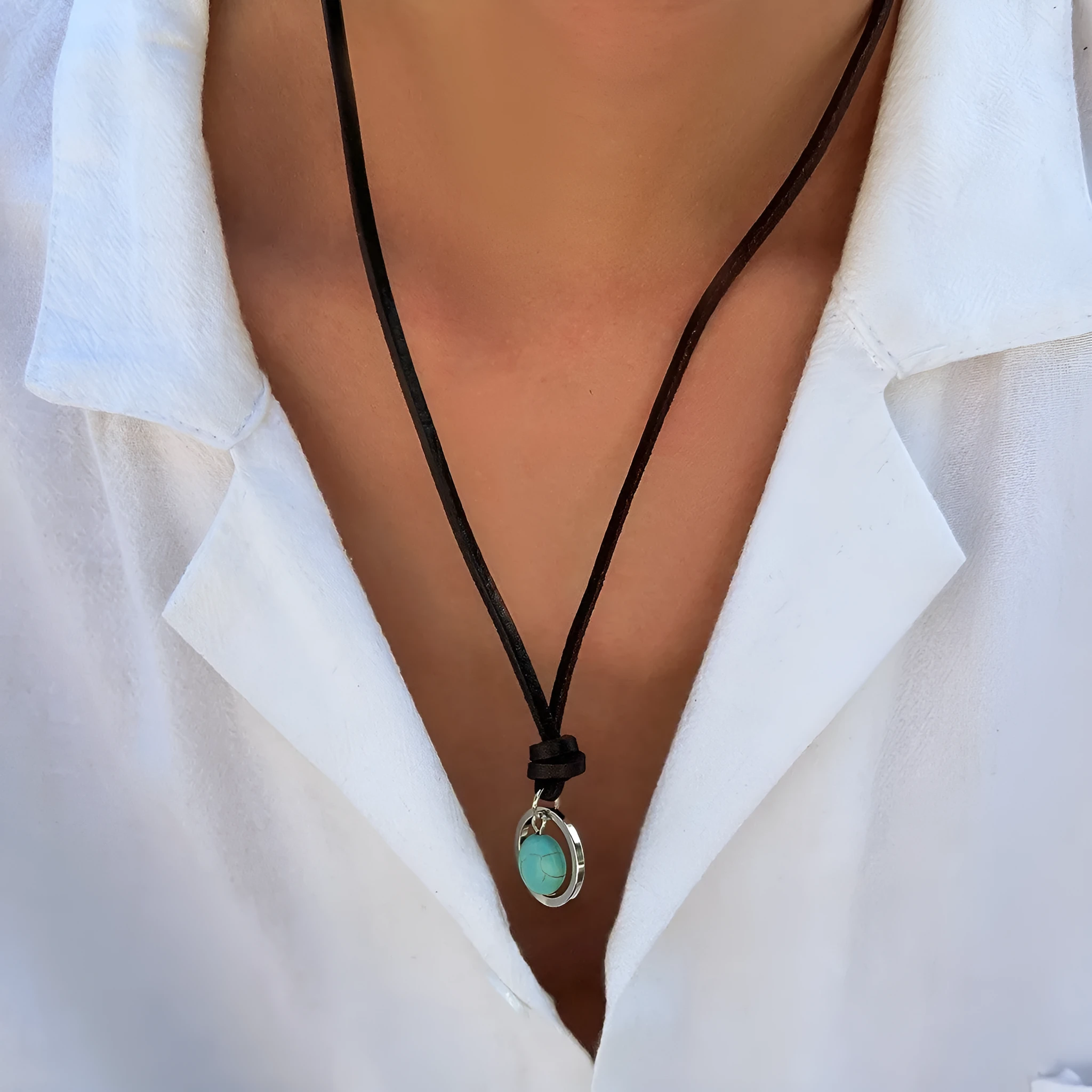 Retro turquoise stone pendant necklace on black rope chain with alloy setting for women