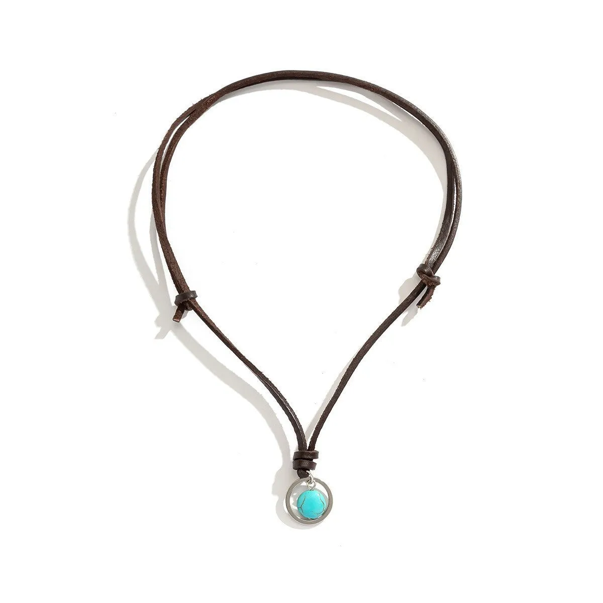 Retro turquoise stone pendant necklace on black rope chain with alloy setting for women