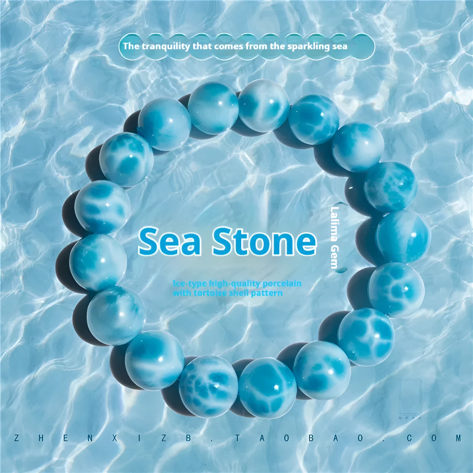 Blue handmade Bodhi bead bracelet with natural crystal and sea-pattern stone on a wrist.