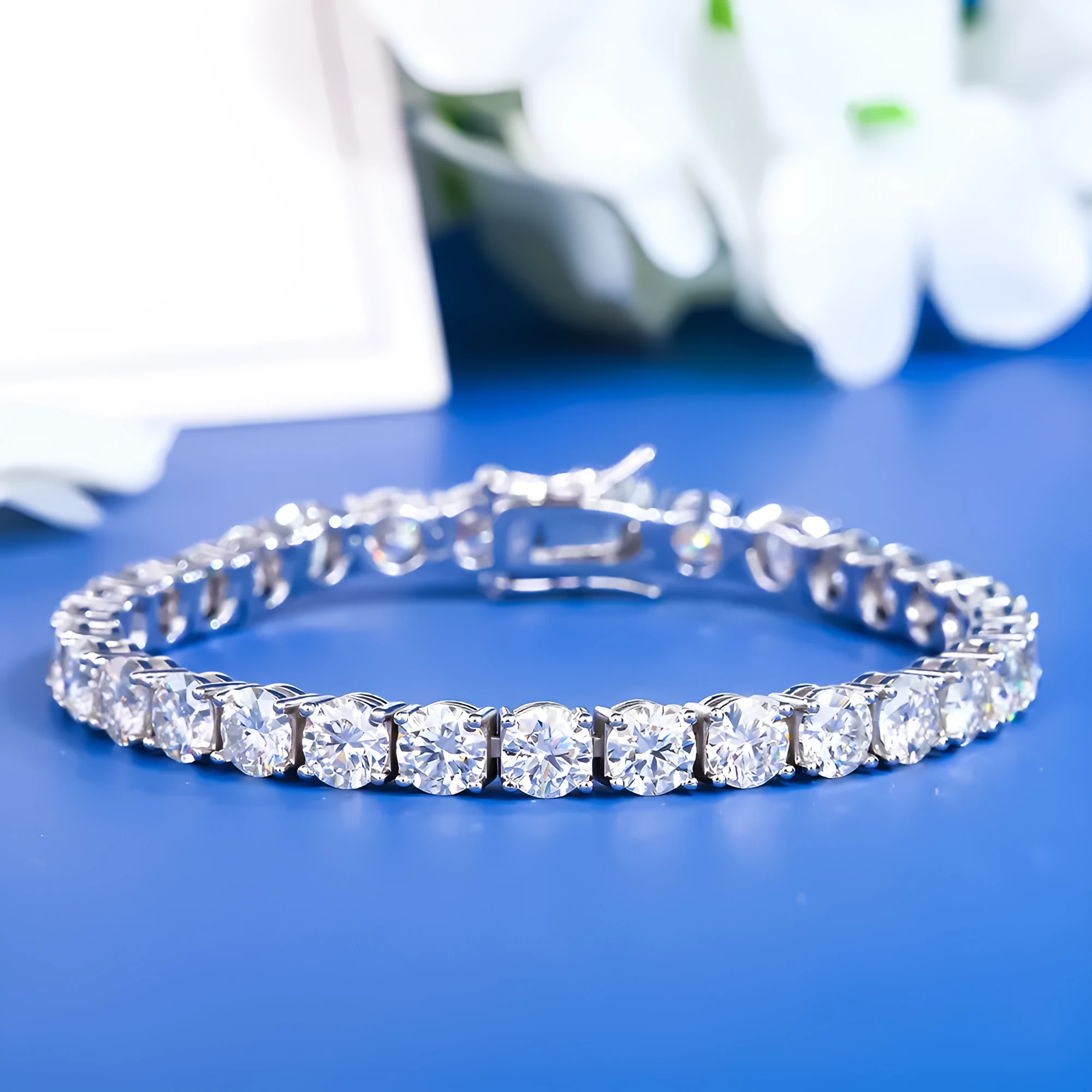 Moissanite full set S925 sterling silver bracelet with square and hexagonal star geometric design in rose gold finish.