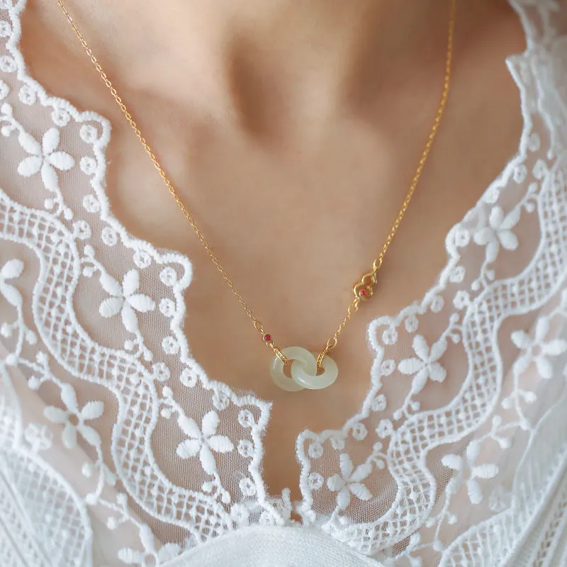 Gold-plated copper necklace with natural Hetian Jade gourd pendant on adjustable cross chain 41-50cm