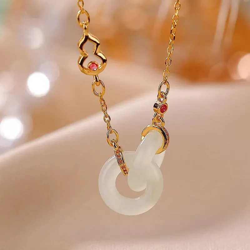 Gold-plated copper necklace with natural Hetian Jade gourd pendant on adjustable cross chain 41-50cm