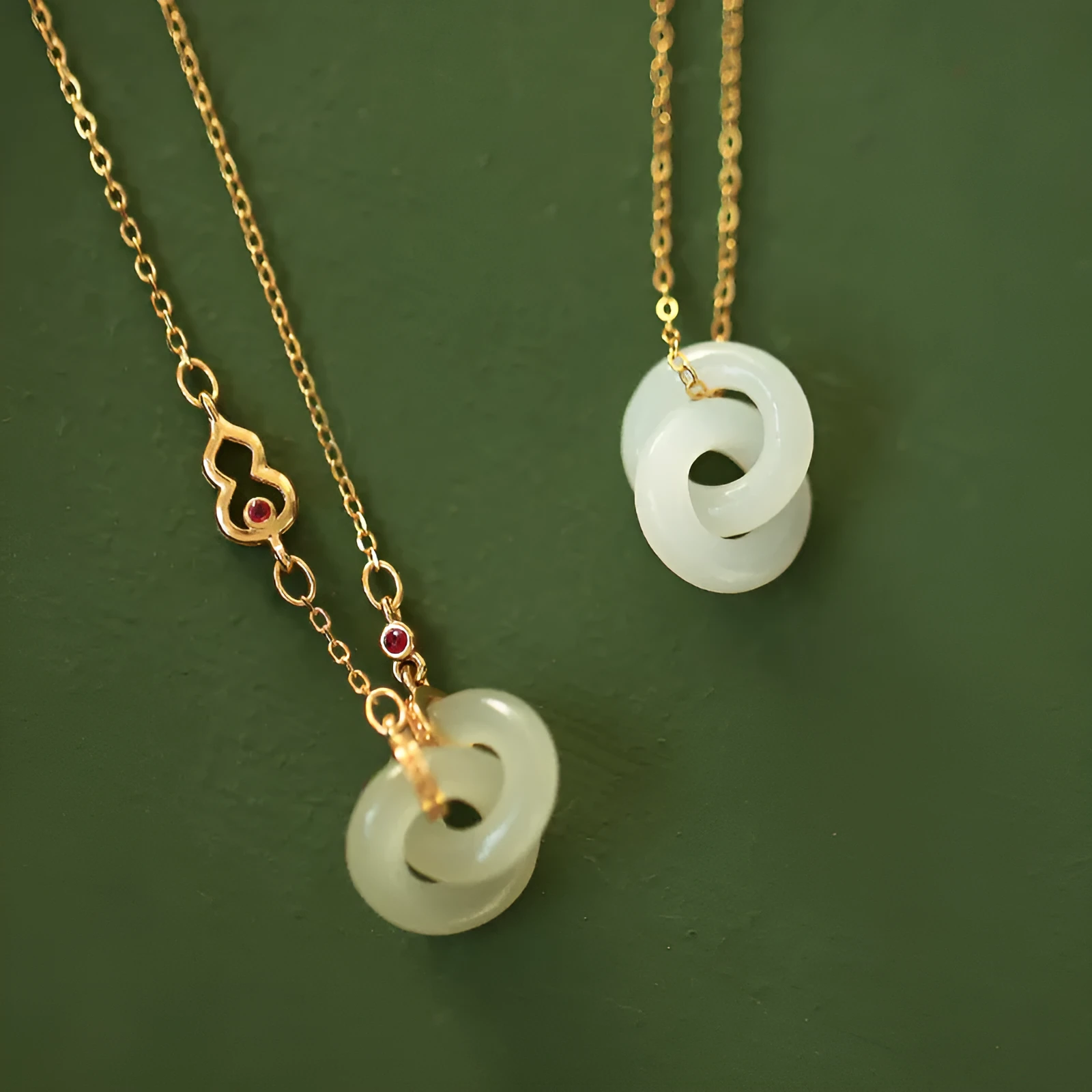 Gold-plated copper necklace with natural Hetian Jade gourd pendant on adjustable cross chain 41-50cm