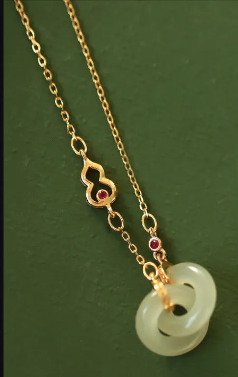 Gold-plated copper necklace with natural Hetian Jade gourd pendant on adjustable cross chain 41-50cm