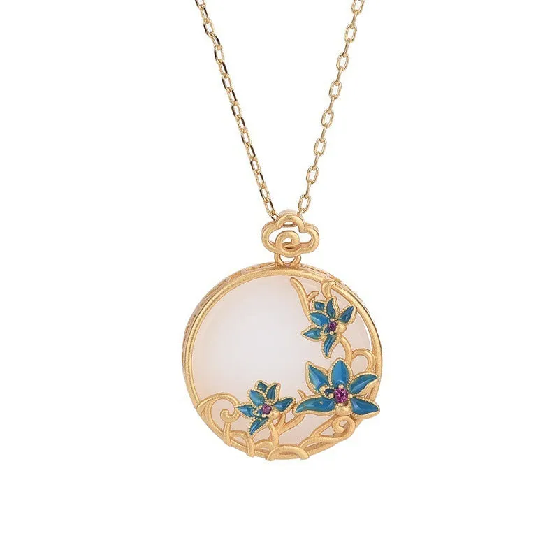 24k gold-plated Hetian jade peace buckle necklace with O-ring chain on collarbone