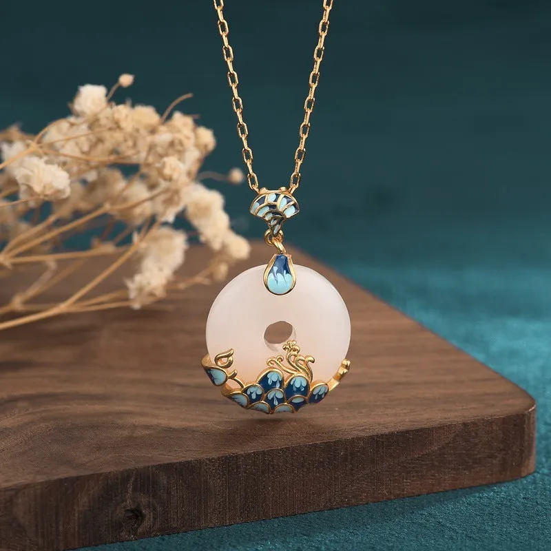24k gold-plated Hetian jade peace buckle necklace with O-ring chain on collarbone