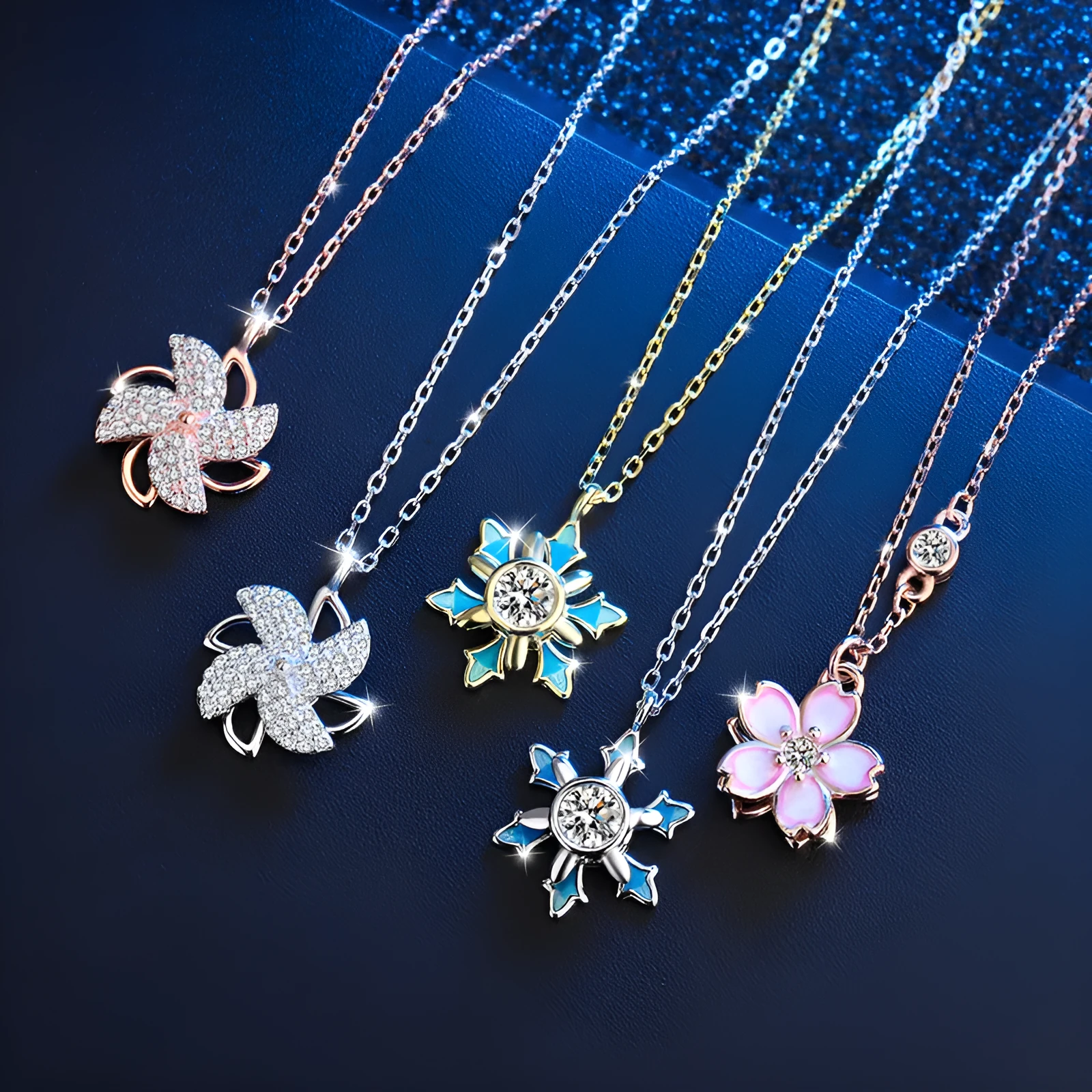 S925 silver rotating necklace with diamond-cut eight hearts eight arrows flower pendant on snake bone chain