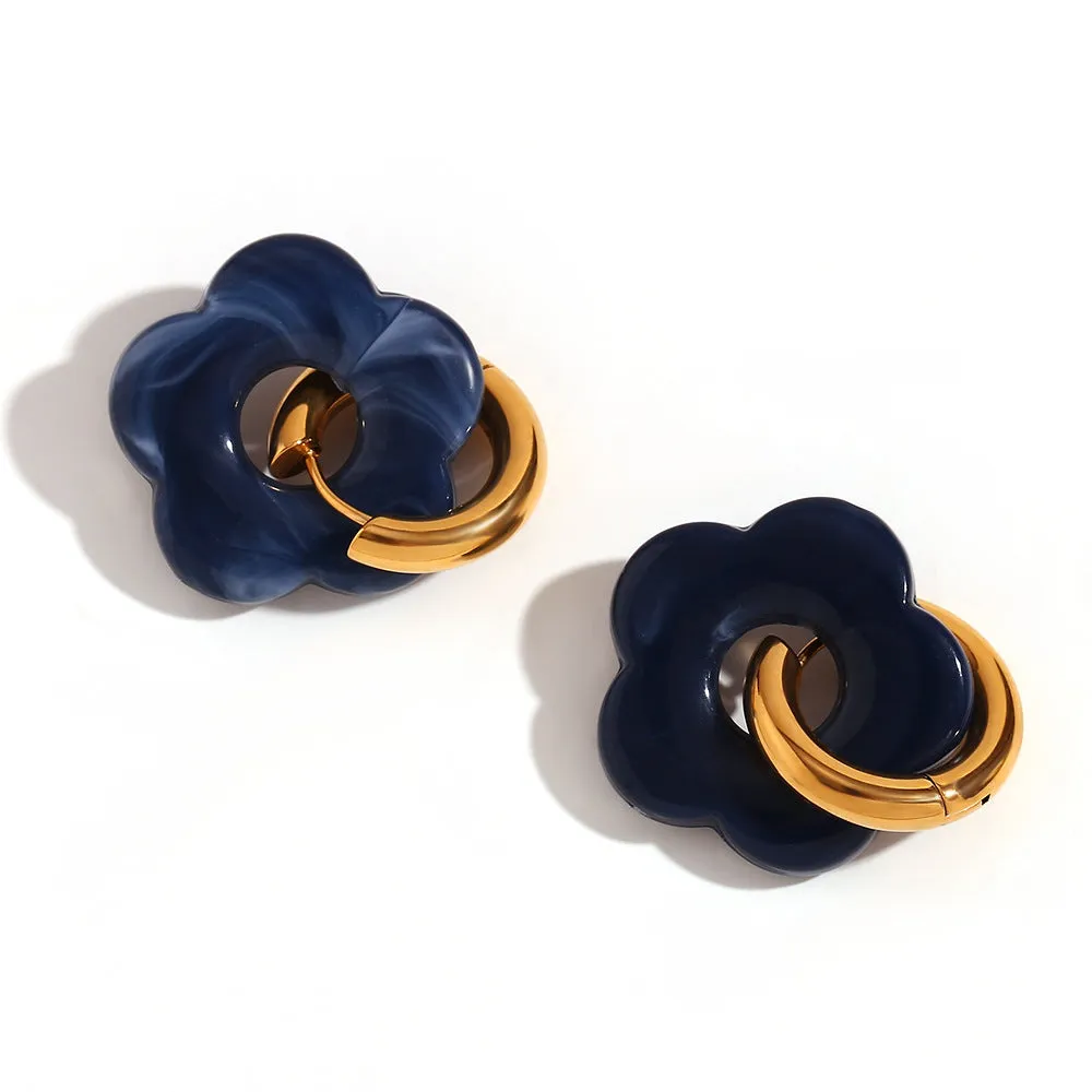 Stainless steel flower stud earrings with electroplated finish, flower ornament inlay, minimalist geometry shape, available in multiple colours