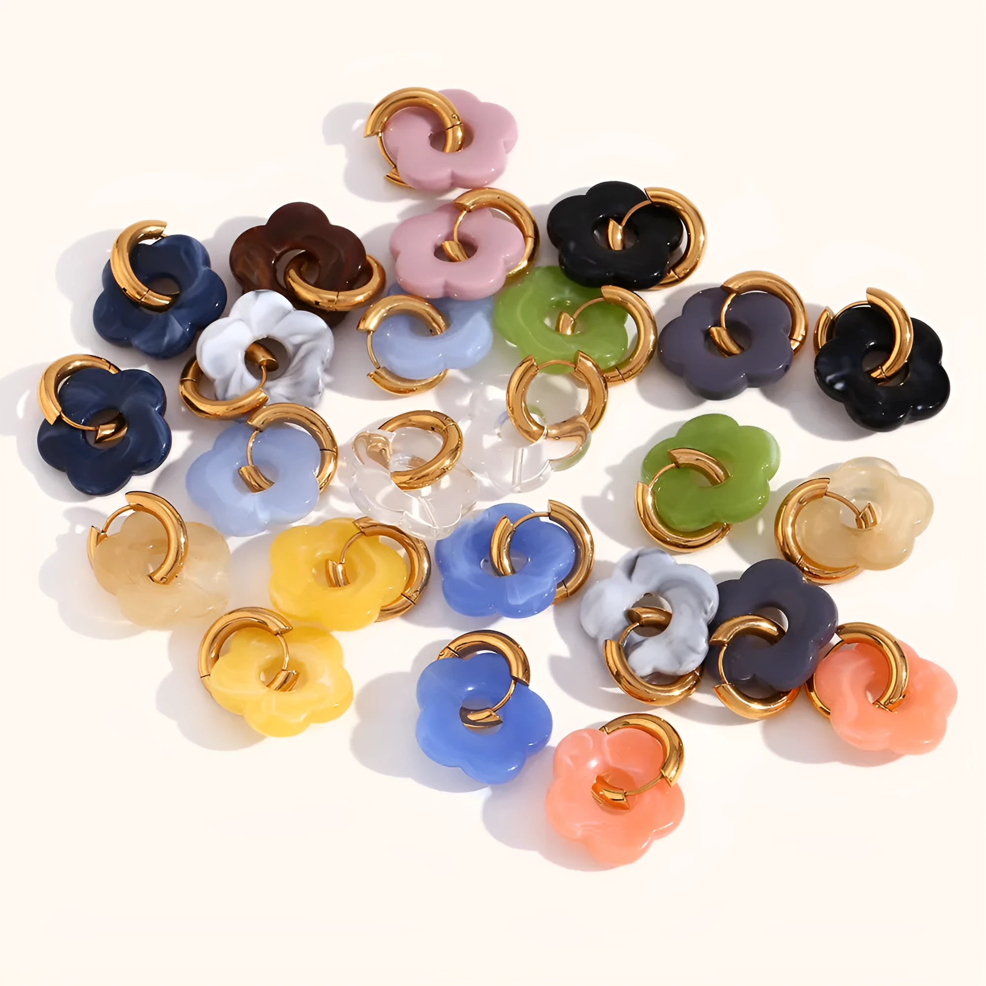 Stainless steel flower stud earrings with electroplated finish, flower ornament inlay, minimalist geometry shape, available in multiple colours