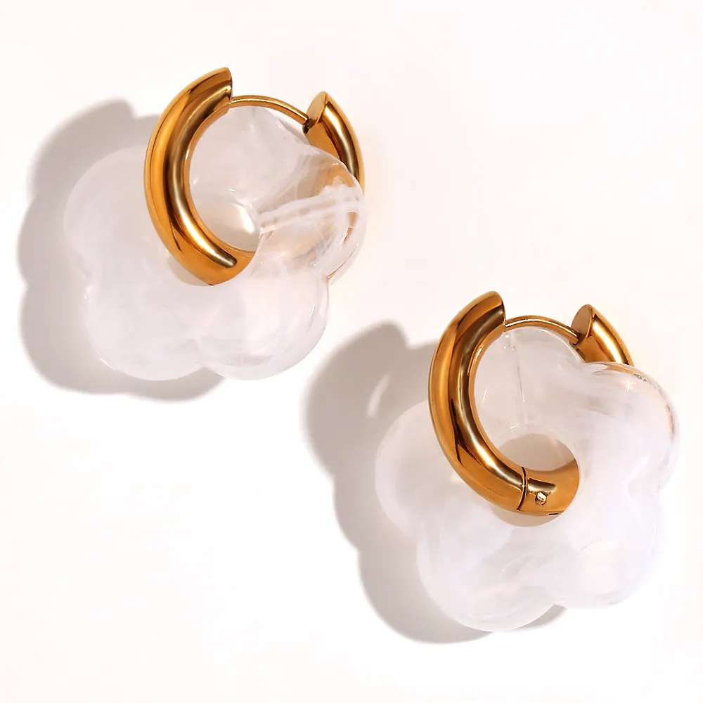 Stainless steel flower stud earrings with electroplated finish, flower ornament inlay, minimalist geometry shape, available in multiple colours