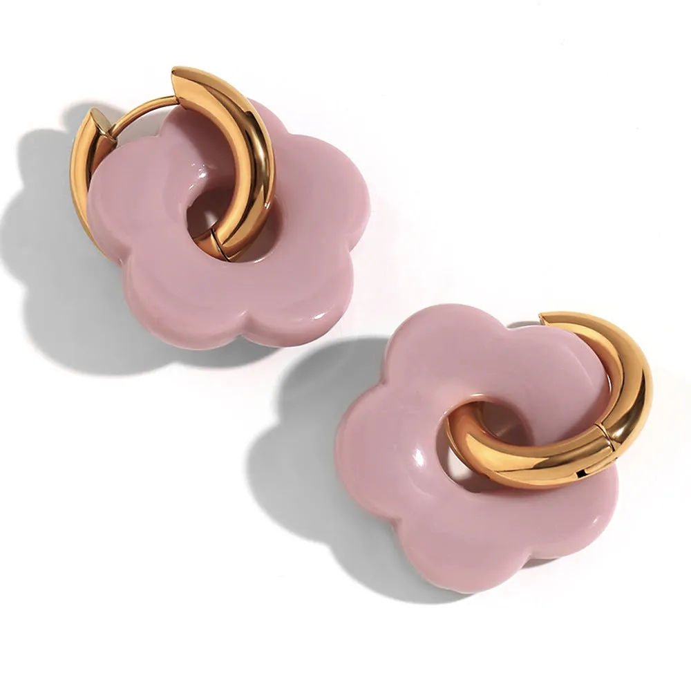 Stainless steel flower stud earrings with electroplated finish, flower ornament inlay, minimalist geometry shape, available in multiple colours