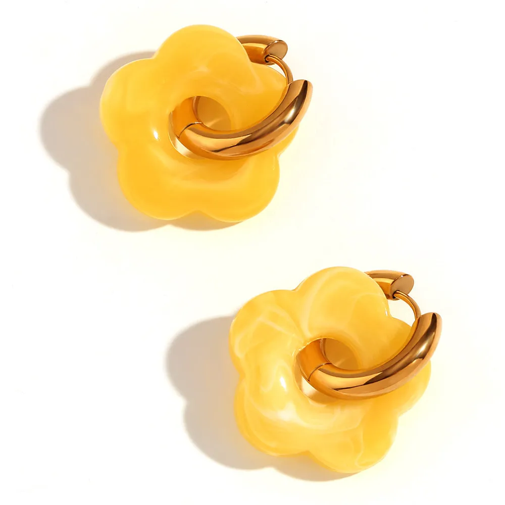 Stainless steel flower stud earrings with electroplated finish, flower ornament inlay, minimalist geometry shape, available in multiple colours