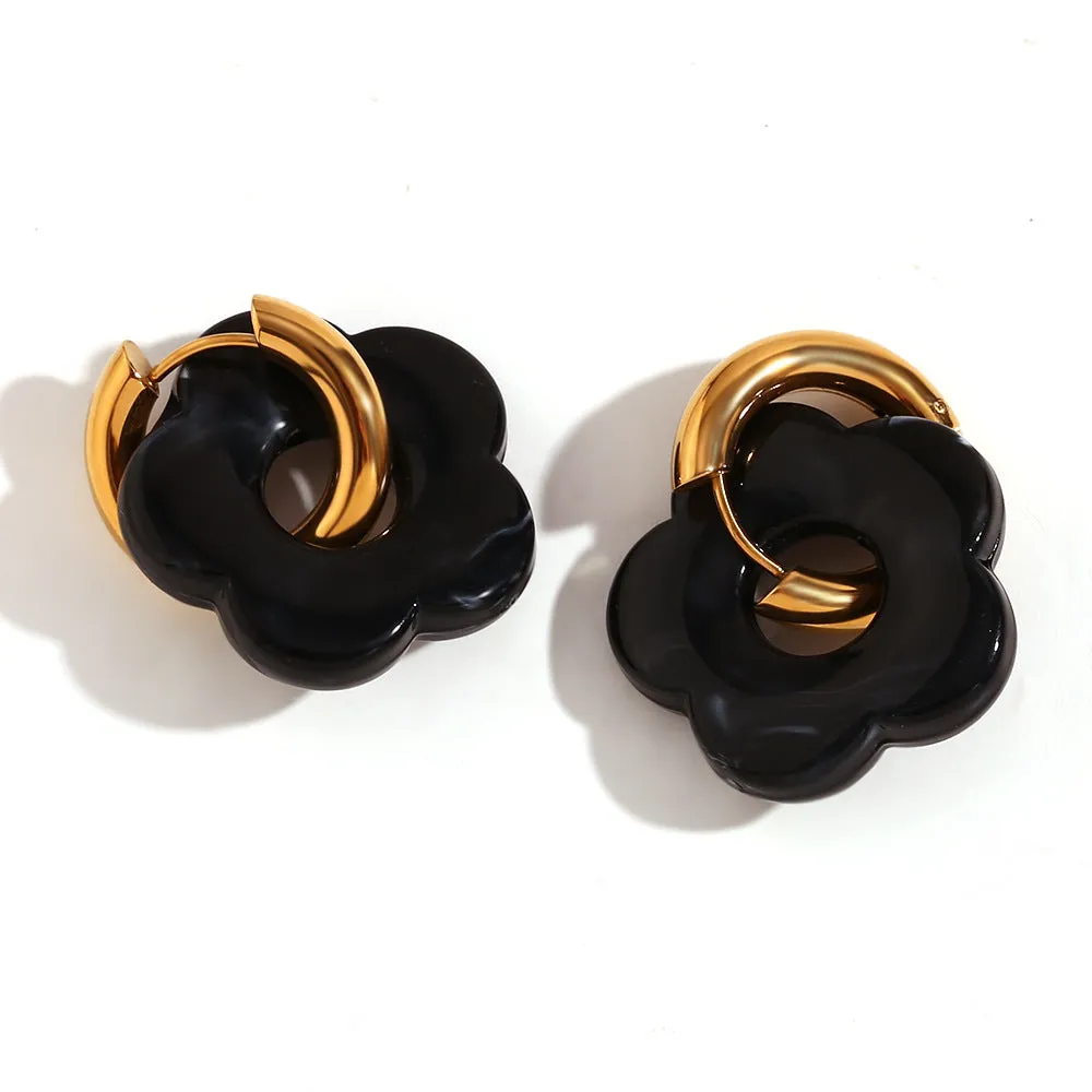 Stainless steel flower stud earrings with electroplated finish, flower ornament inlay, minimalist geometry shape, available in multiple colours