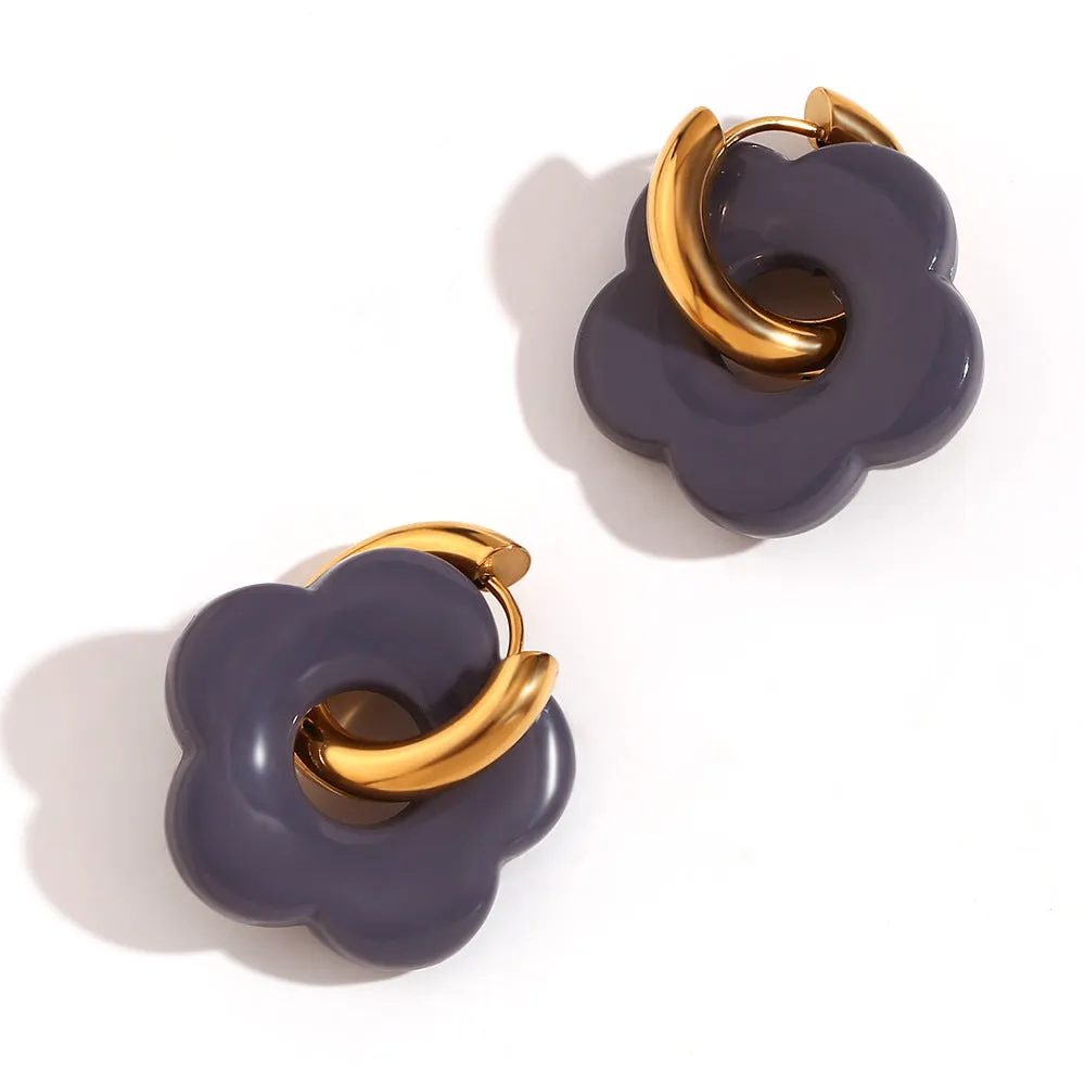 Stainless steel flower stud earrings with electroplated finish, flower ornament inlay, minimalist geometry shape, available in multiple colours