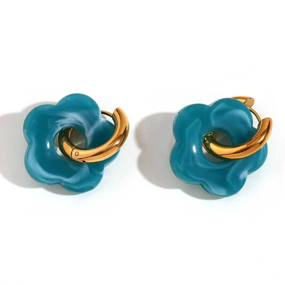 Stainless steel flower stud earrings with electroplated finish, flower ornament inlay, minimalist geometry shape, available in multiple colours