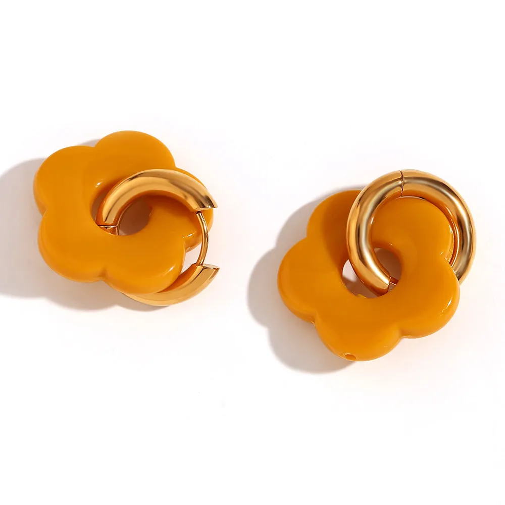 Stainless steel flower stud earrings with electroplated finish, flower ornament inlay, minimalist geometry shape, available in multiple colours
