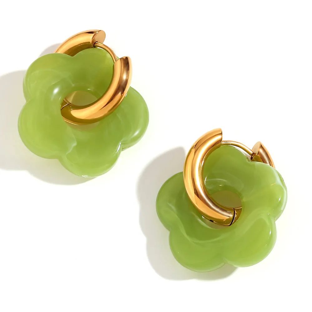 Stainless steel flower stud earrings with electroplated finish, flower ornament inlay, minimalist geometry shape, available in multiple colours