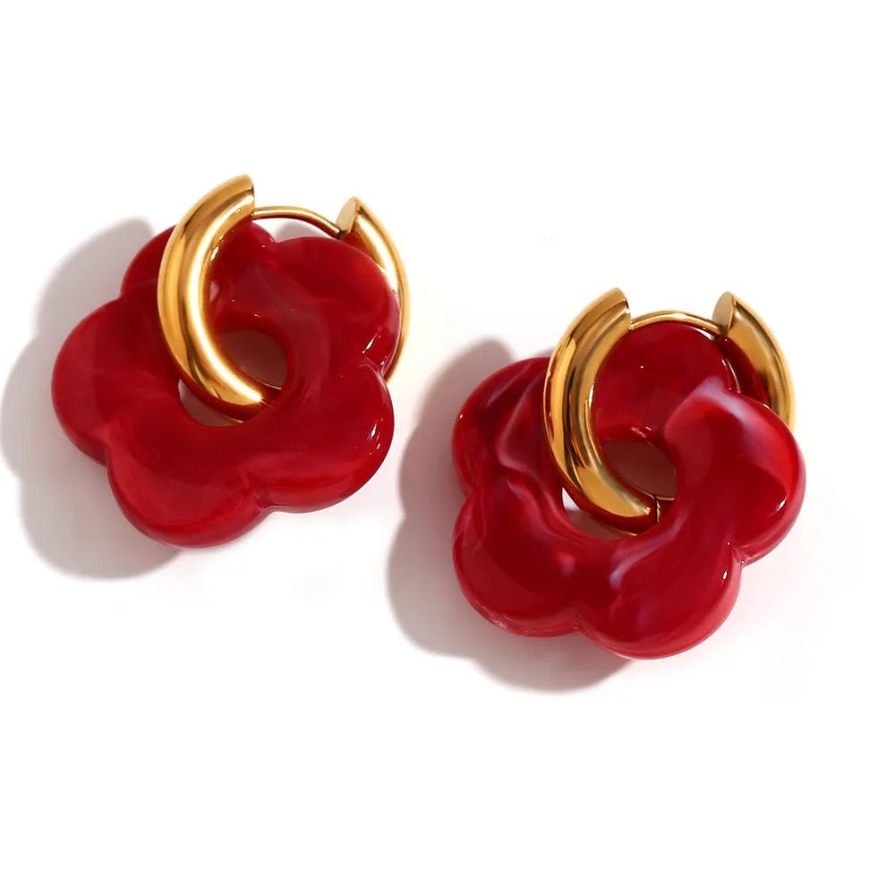 Stainless steel flower stud earrings with electroplated finish, flower ornament inlay, minimalist geometry shape, available in multiple colours
