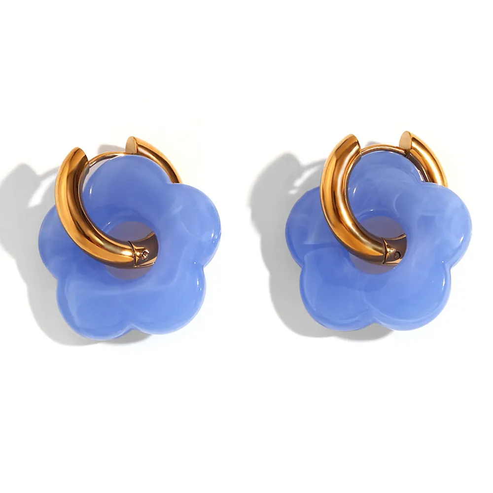 Stainless steel flower stud earrings with electroplated finish, flower ornament inlay, minimalist geometry shape, available in multiple colours