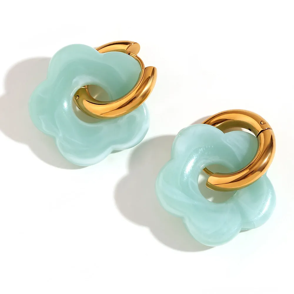Stainless steel flower stud earrings with electroplated finish, flower ornament inlay, minimalist geometry shape, available in multiple colours