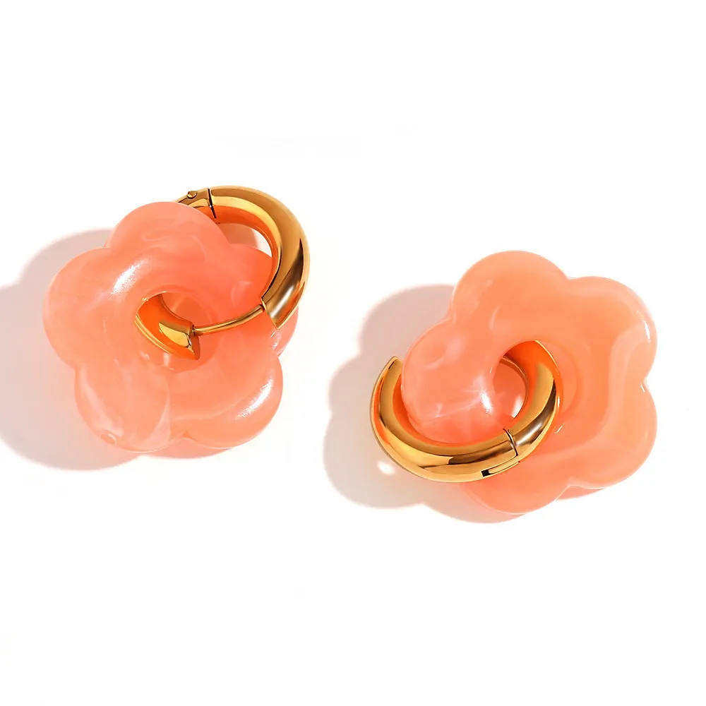 Stainless steel flower stud earrings with electroplated finish, flower ornament inlay, minimalist geometry shape, available in multiple colours