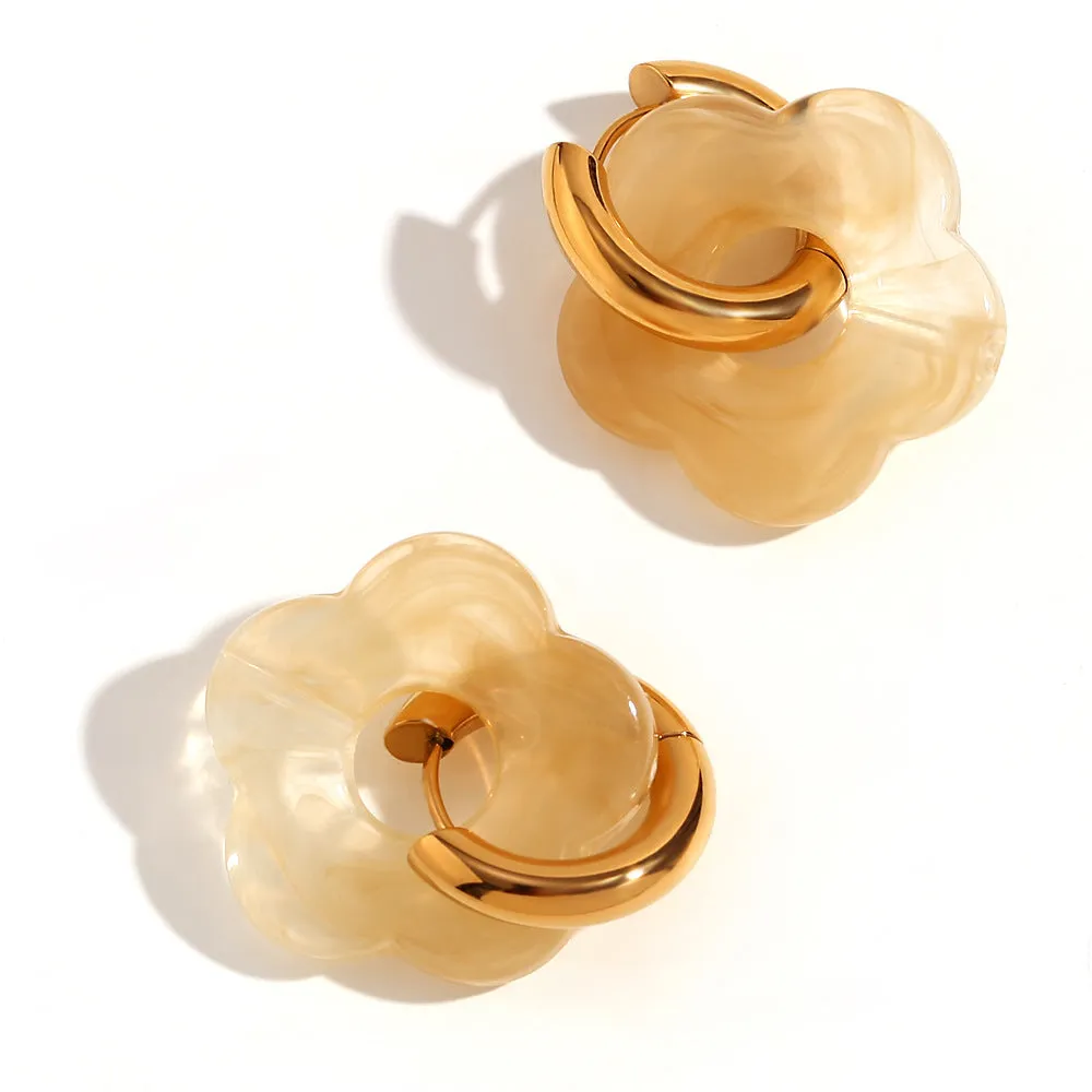 Stainless steel flower stud earrings with electroplated finish, flower ornament inlay, minimalist geometry shape, available in multiple colours