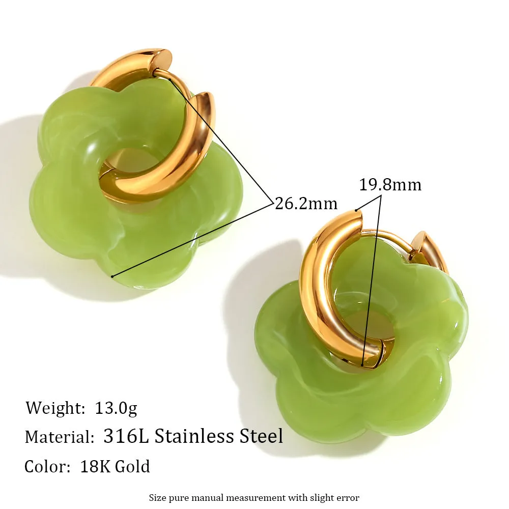 Stainless steel flower stud earrings with electroplated finish, flower ornament inlay, minimalist geometry shape, available in multiple colours