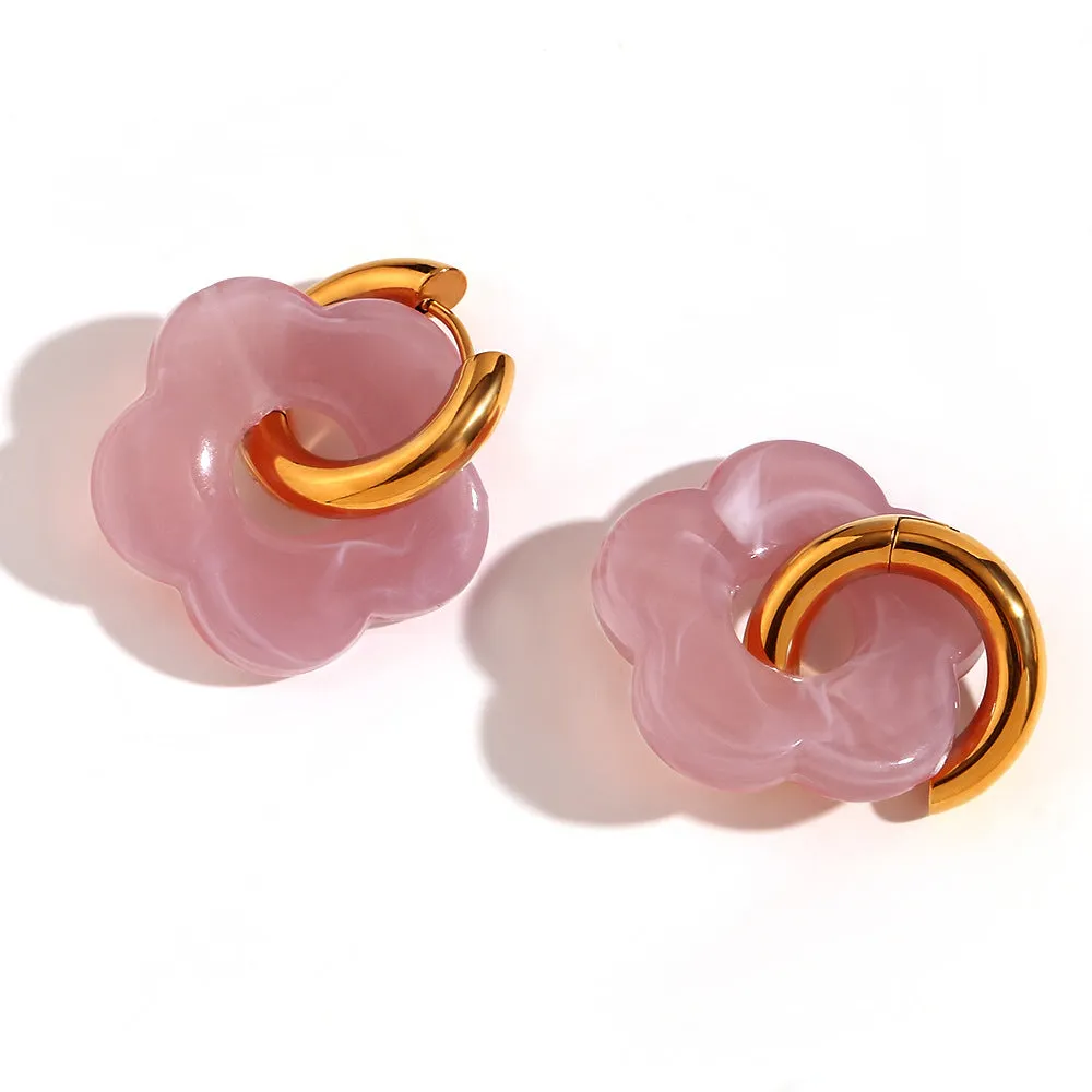 Stainless steel flower stud earrings with electroplated finish, flower ornament inlay, minimalist geometry shape, available in multiple colours