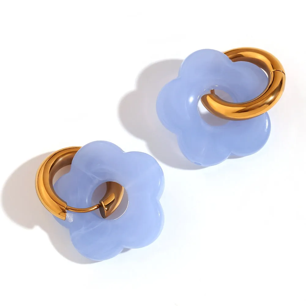 Stainless steel flower stud earrings with electroplated finish, flower ornament inlay, minimalist geometry shape, available in multiple colours