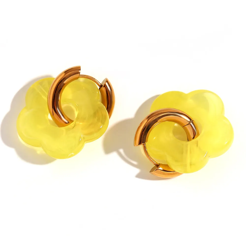 Stainless steel flower stud earrings with electroplated finish, flower ornament inlay, minimalist geometry shape, available in multiple colours