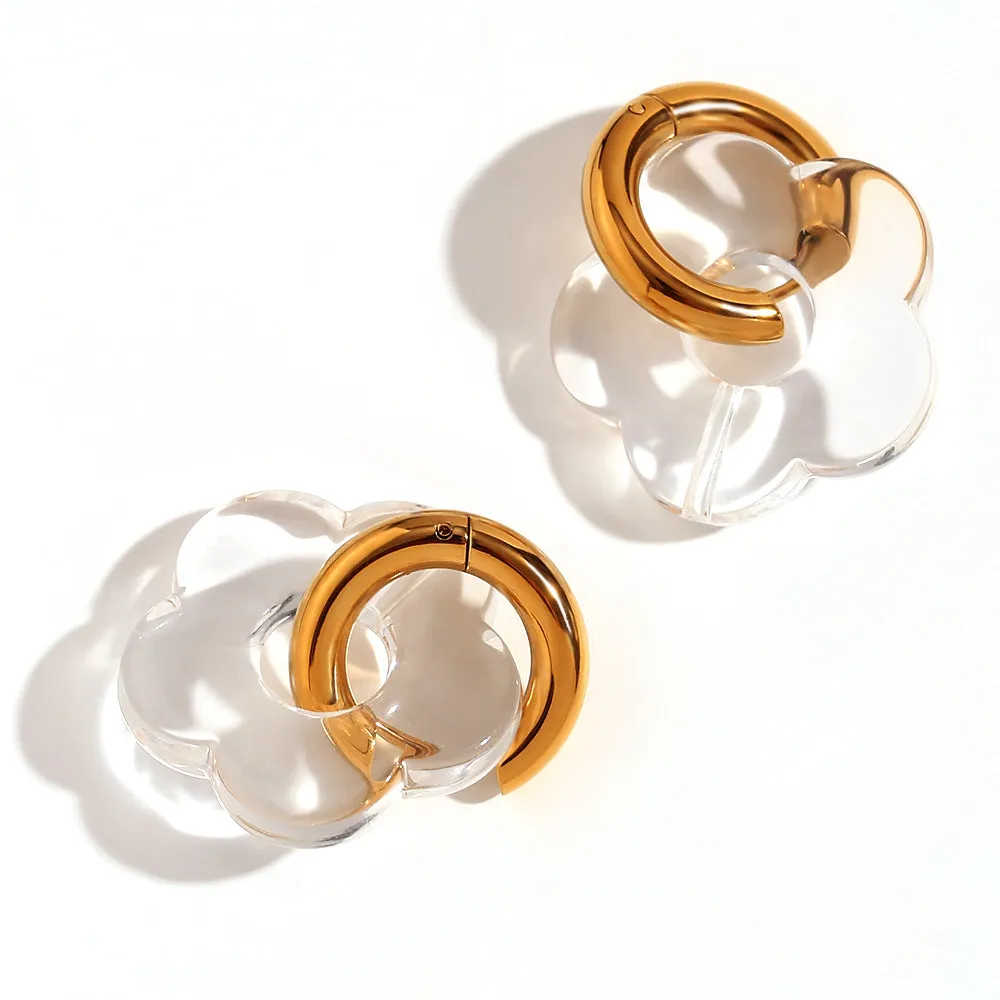 Stainless steel flower stud earrings with electroplated finish, flower ornament inlay, minimalist geometry shape, available in multiple colours