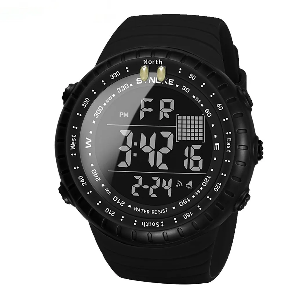 Black waterproof men's electronic watch with plastic case and PU strap showing dial detail
